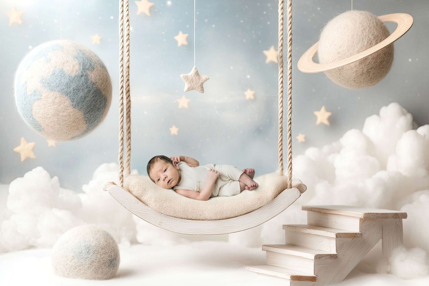 A newborn baby sleeps peacefully in a hammock swing surrounded by planets, stars, and clouds in a dreamy celestial scene.