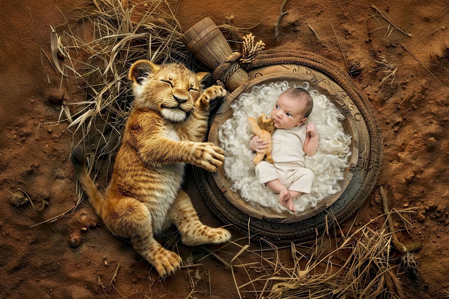 Newborn baby sleeping in wooden bowl beside a lion cub on hay in a nature-themed photography setup.