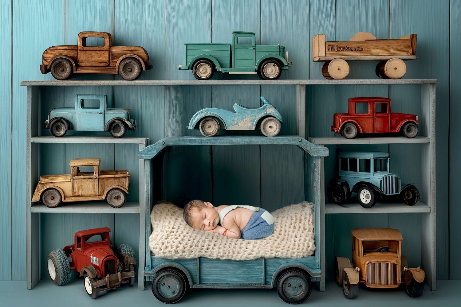 Newborn baby sleeping peacefully in a miniature bed surrounded by vintage wooden toy cars on teal shelves.