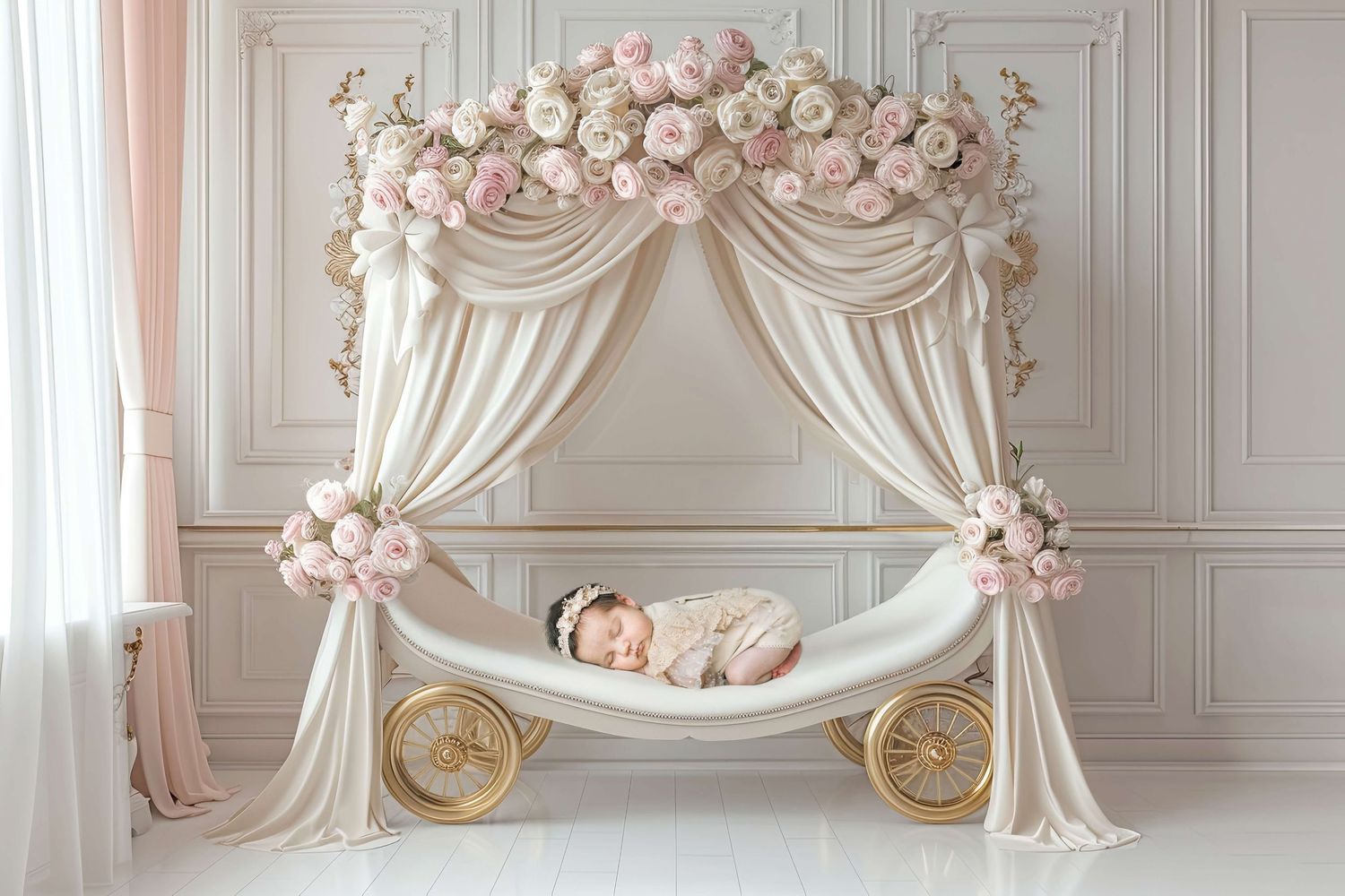 Newborn baby sleeping in elegant canopy crib adorned with pink flowers and white draping curtains.