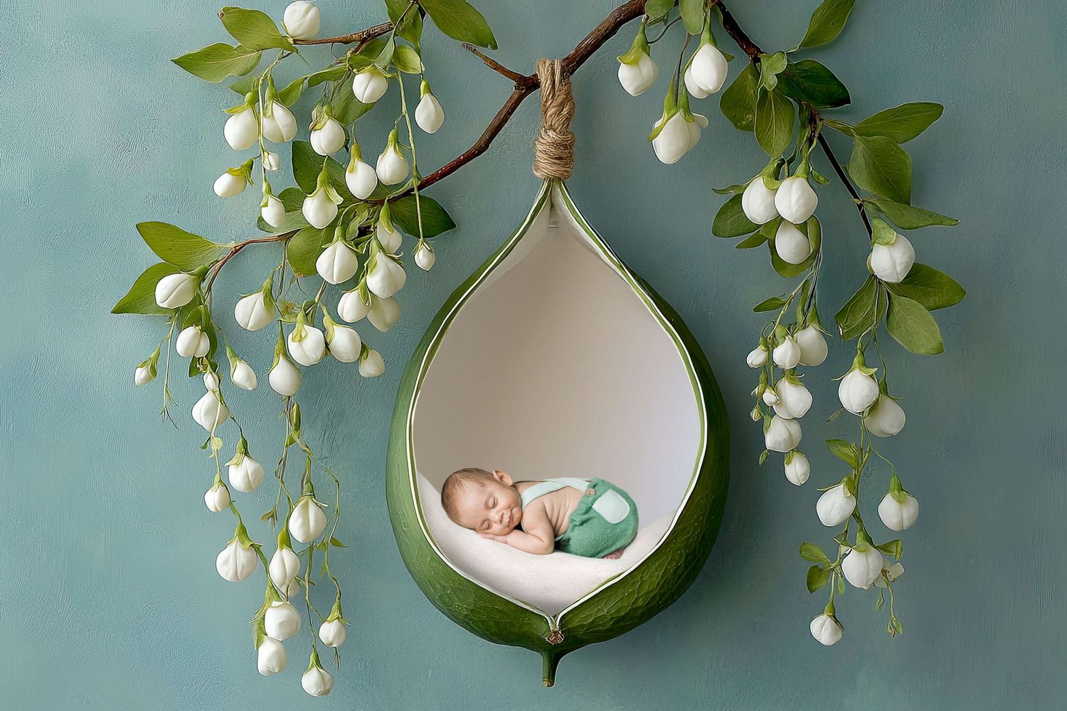 Newborn baby sleeping peacefully in a green leaf-shaped hanging pod with white floral branches on a blue background.