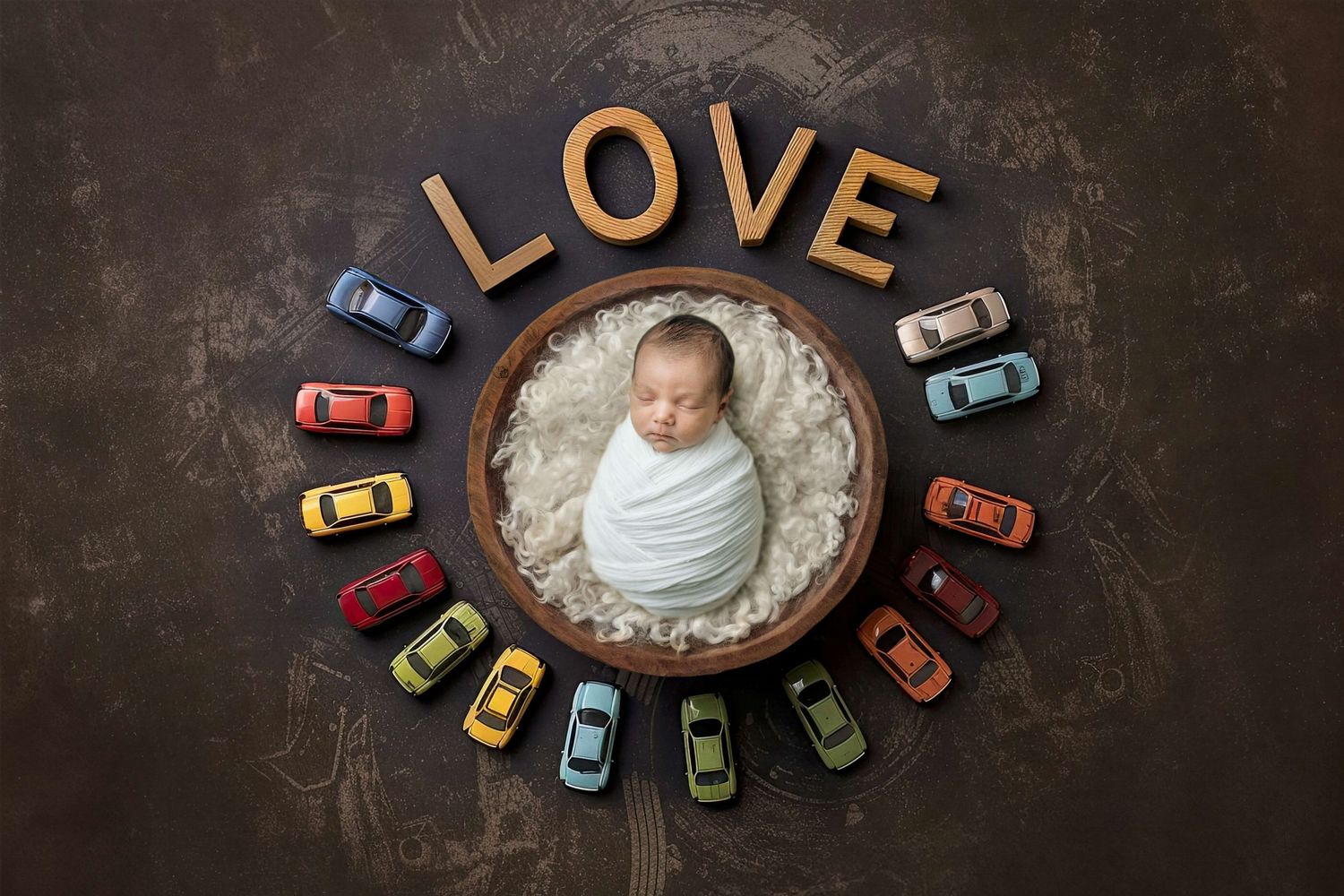 Newborn baby wrapped in white swaddle sleeping in wooden bowl surrounded by toy cars with LOVE letters above.