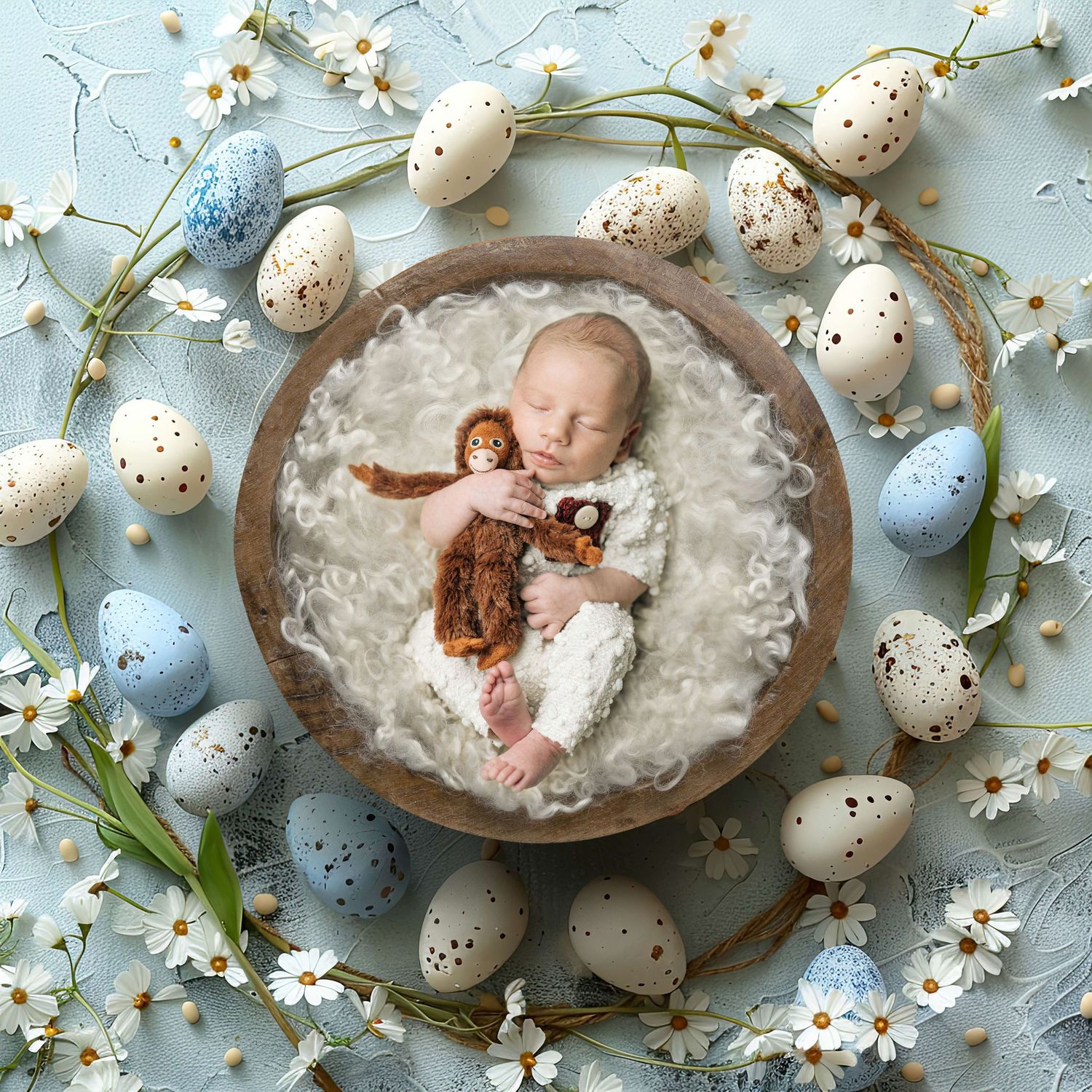 Newborn baby sleeping in wooden bowl with Easter eggs, daisies, and a teddy bear on a soft blue background.