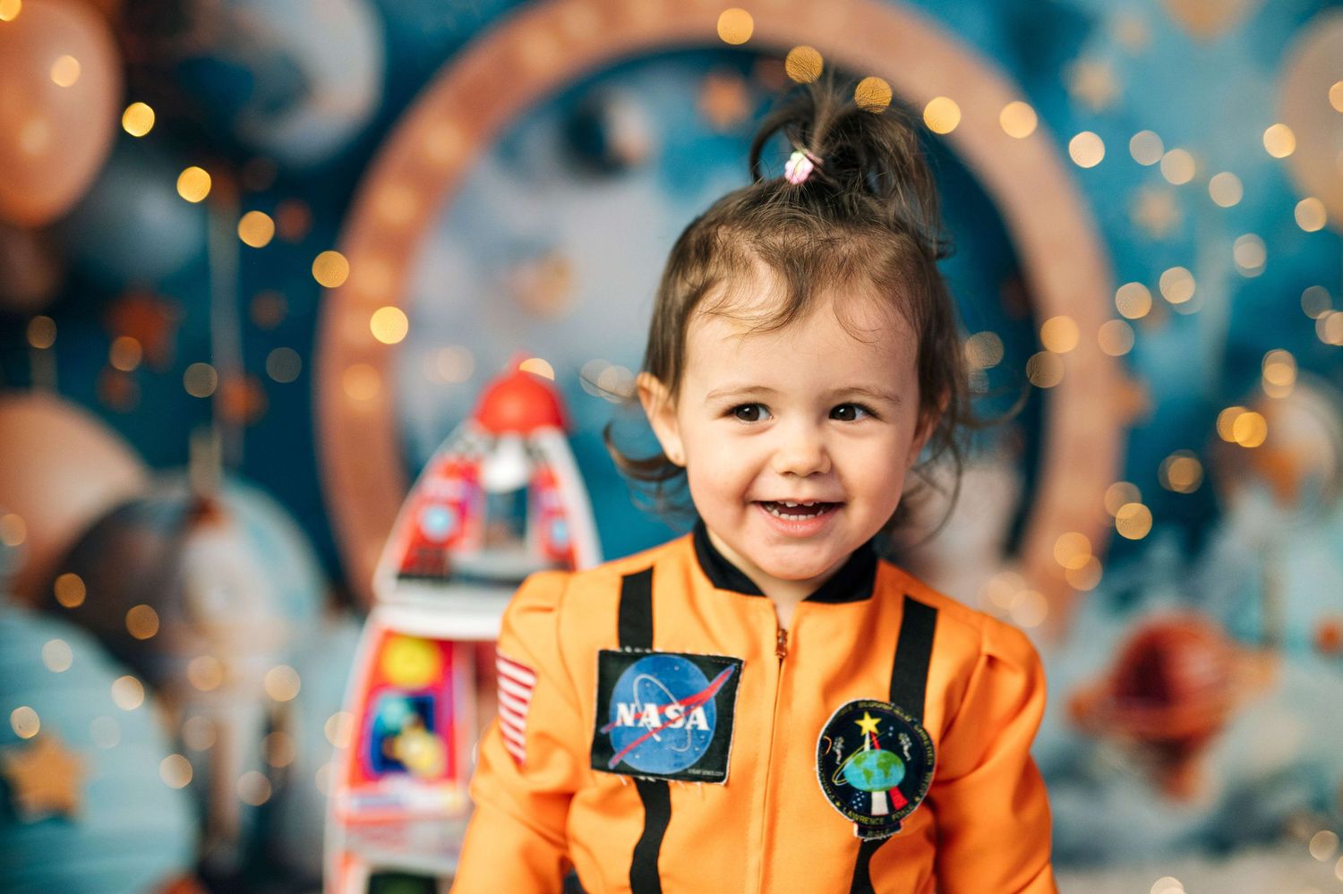Smiling toddler in orange NASA astronaut costume at space-themed birthday party with bokeh lights.