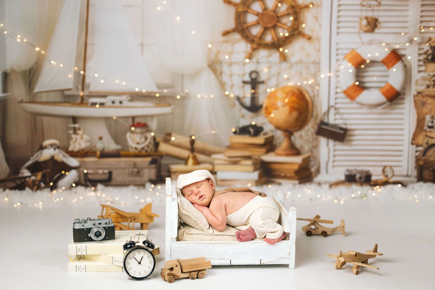 Newborn baby sleeping in white mini bed surrounded by nautical decor, globes, toy planes, and fairy lights.