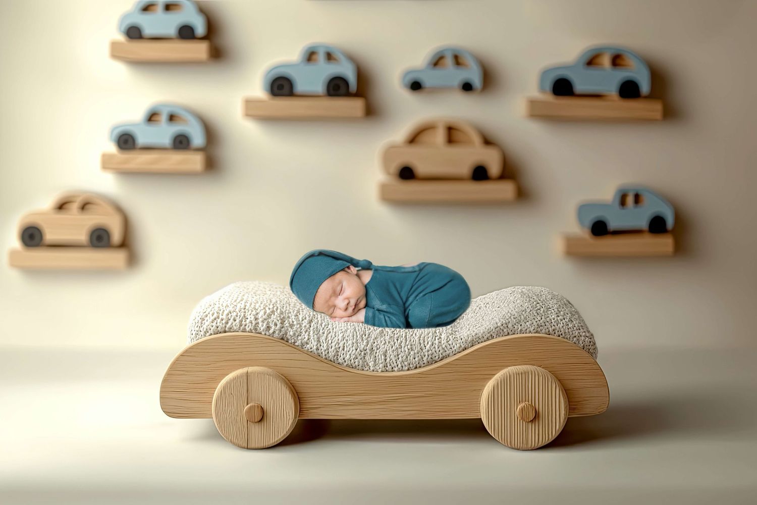 Newborn baby sleeping in a wooden toy car with blue wrap and hat, surrounded by wooden car decorations on wall.