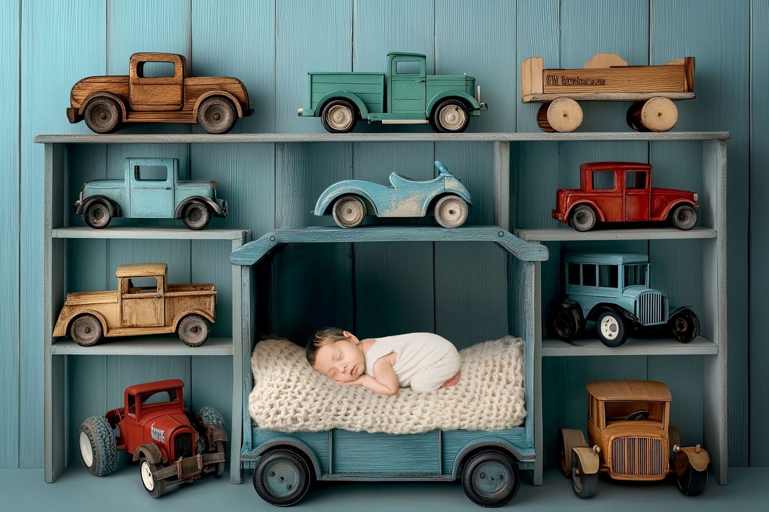 Newborn baby sleeping peacefully in a miniature bed surrounded by colorful vintage wooden toy cars on blue shelves.