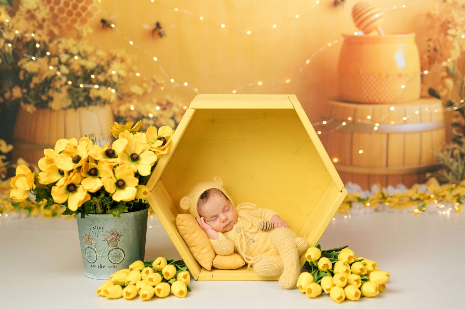 Newborn baby in yellow outfit sleeping in hexagon prop surrounded by yellow flowers in a honey bee themed photo session.