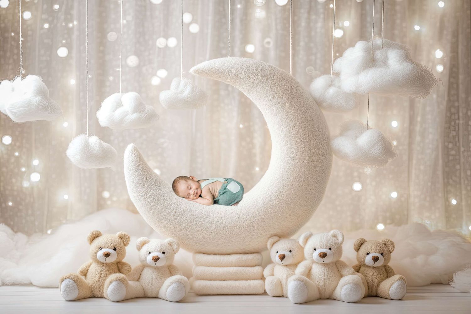Newborn baby sleeping on a white crescent moon prop surrounded by teddy bears and fluffy clouds in a dreamy studio setting.