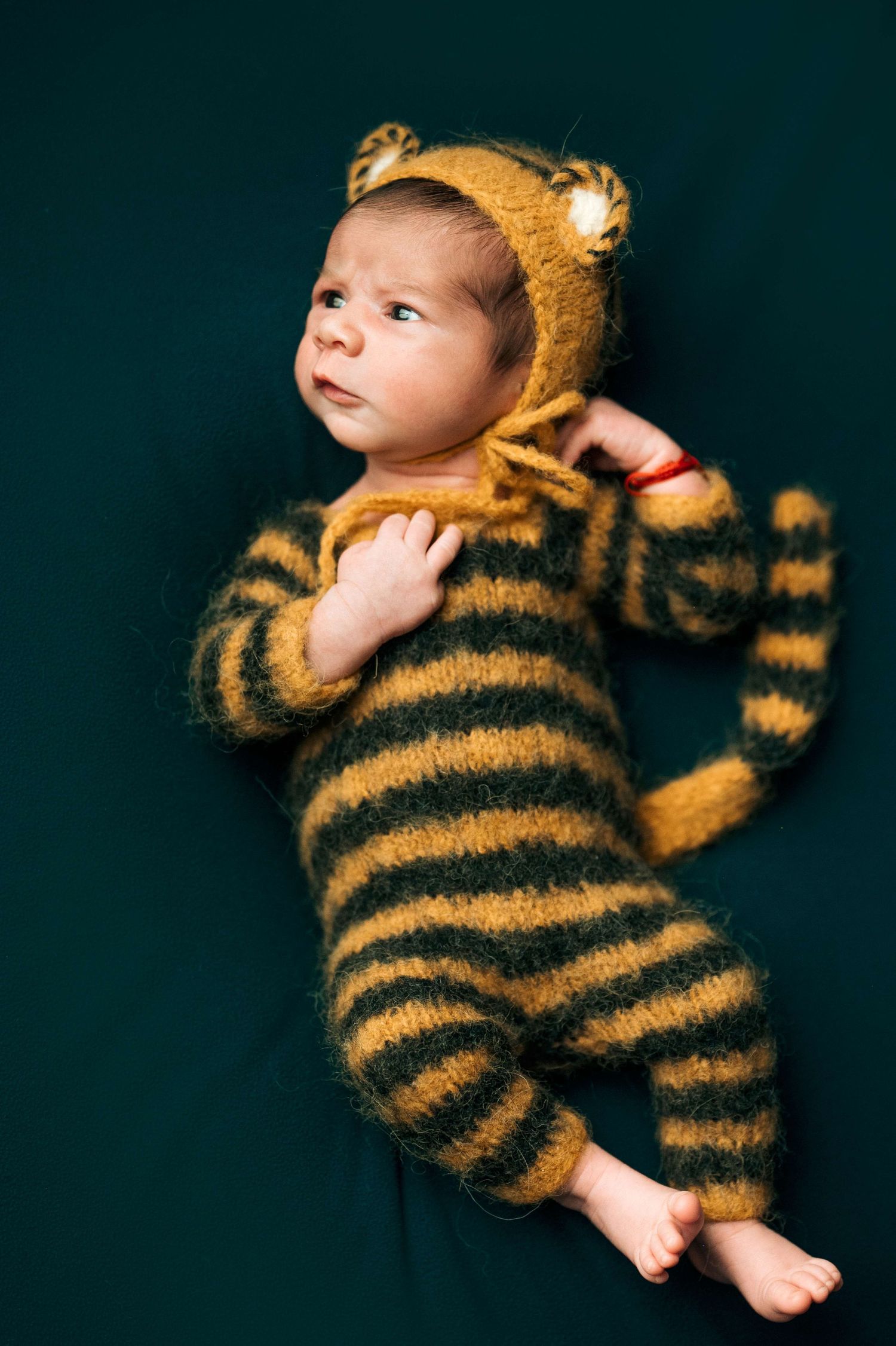 Newborn baby wearing a knitted tiger striped onesie and matching hat with ears, lying on a teal background.