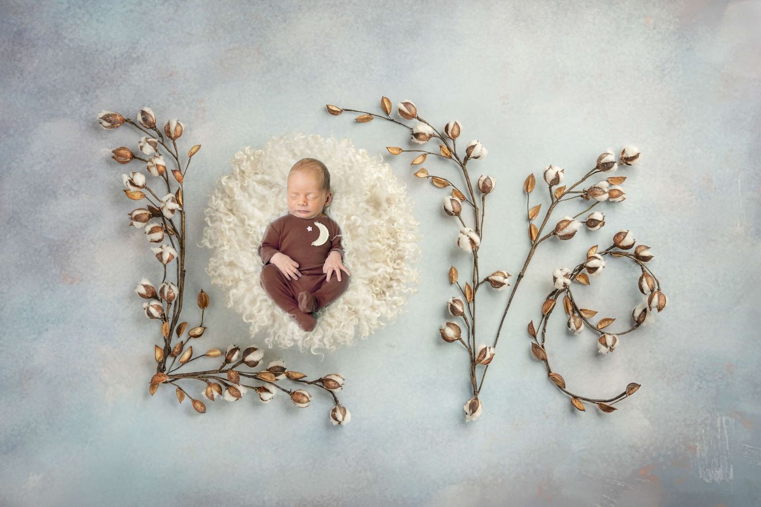 Newborn baby sleeping in a fluffy white bowl surrounded by golden floral branches spelling LOVE on a blue background.