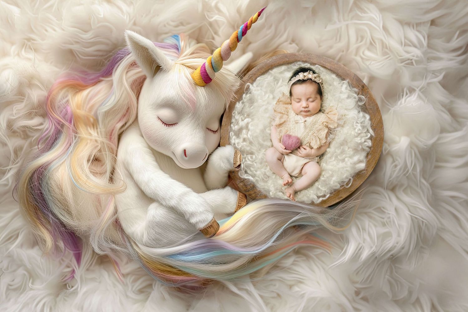 Newborn baby sleeping in wooden bowl beside a white unicorn plush with rainbow mane on fluffy white fur backdrop.