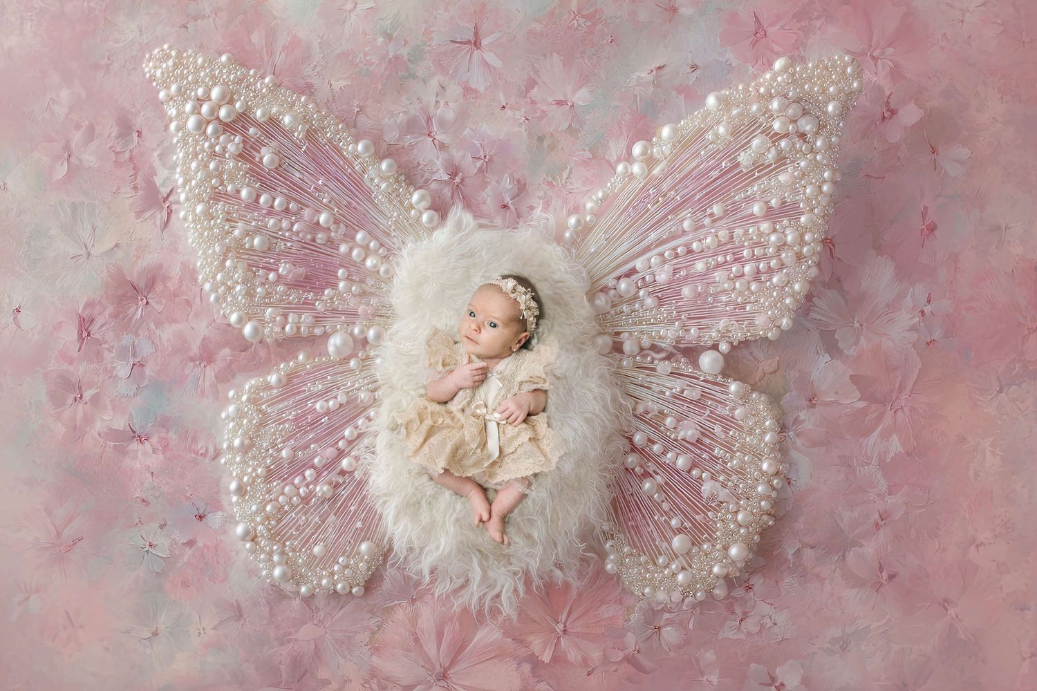 Newborn baby resting in a decorative butterfly prop adorned with pearls and feathers on a pink floral background.