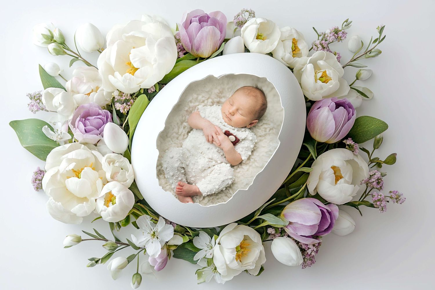 Newborn baby sleeping peacefully in a white egg-shaped bed surrounded by white and purple tulips and green leaves.