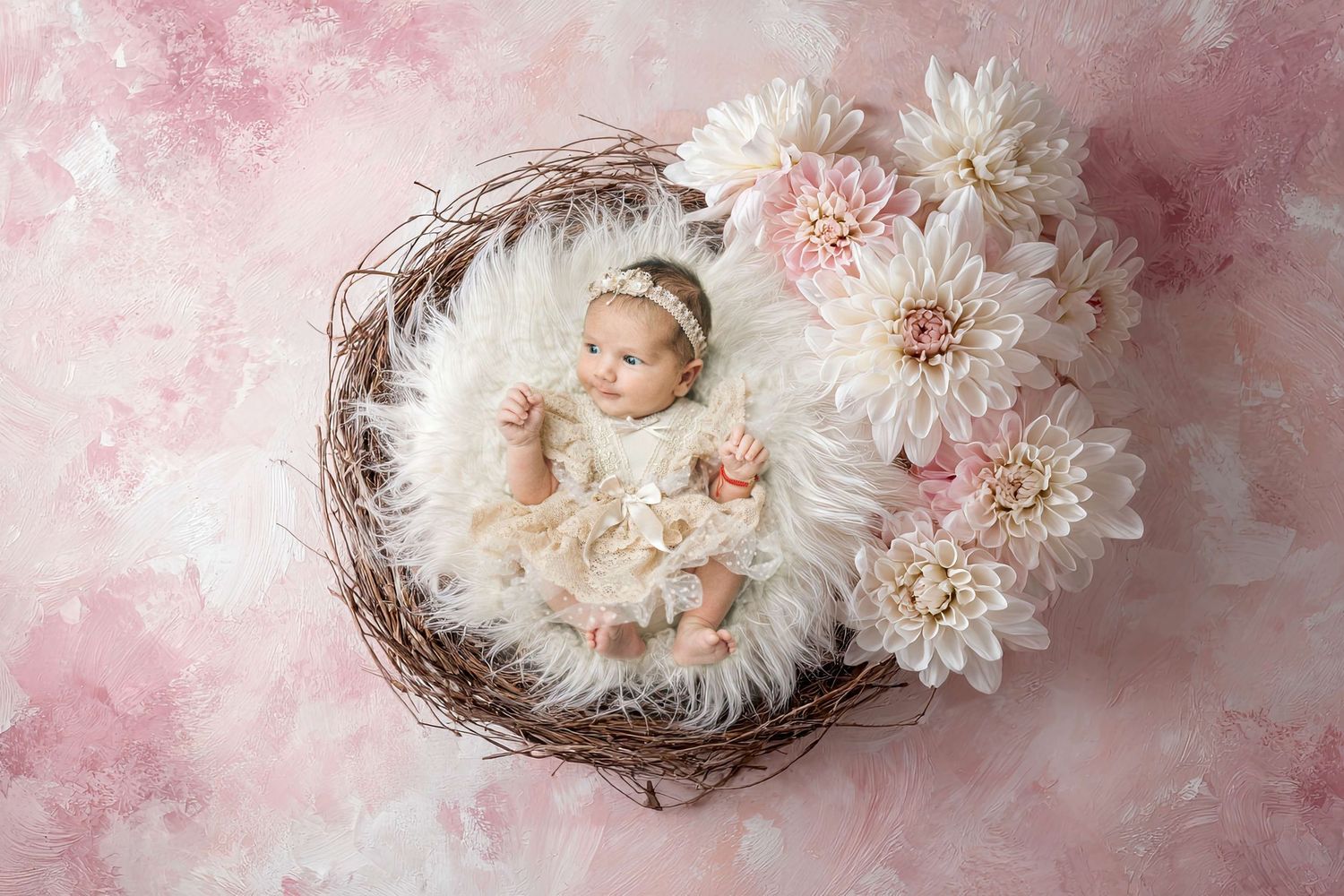 Newborn baby girl in cream outfit resting in rustic twig nest with white and pink flowers on pink background.