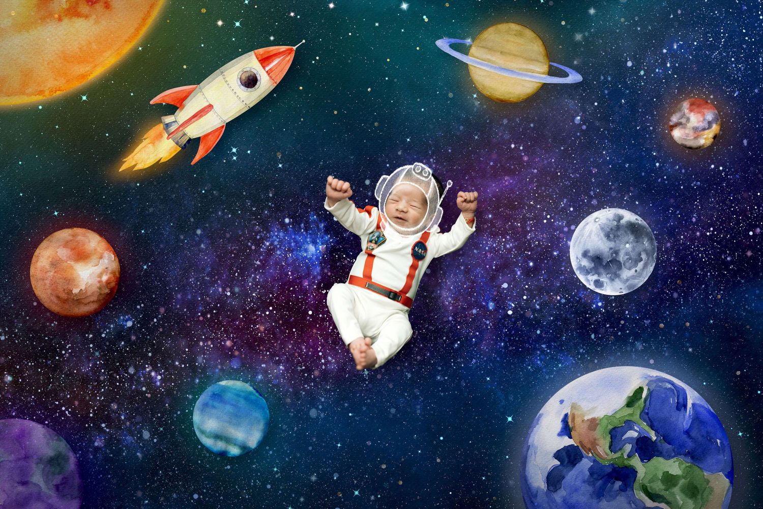A baby astronaut floats in a colorful space scene surrounded by planets, stars, and a rocket ship.