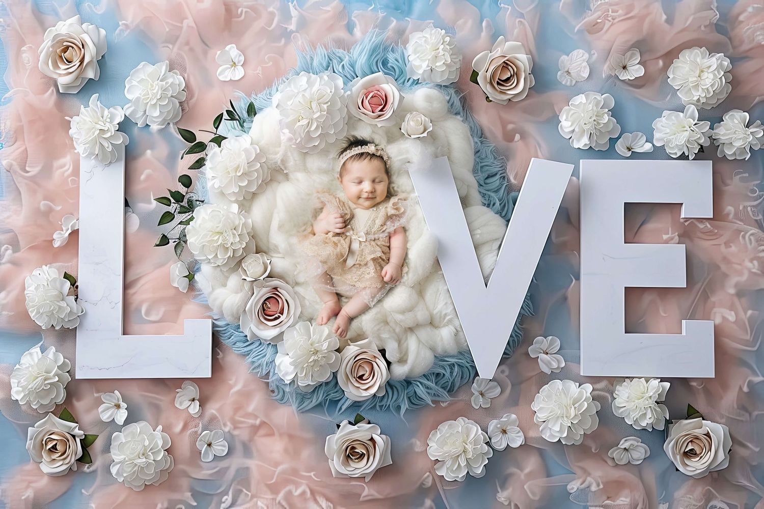 Newborn baby sleeping in a floral LOVE letter display with white and pink roses on soft blue and pink fabric.