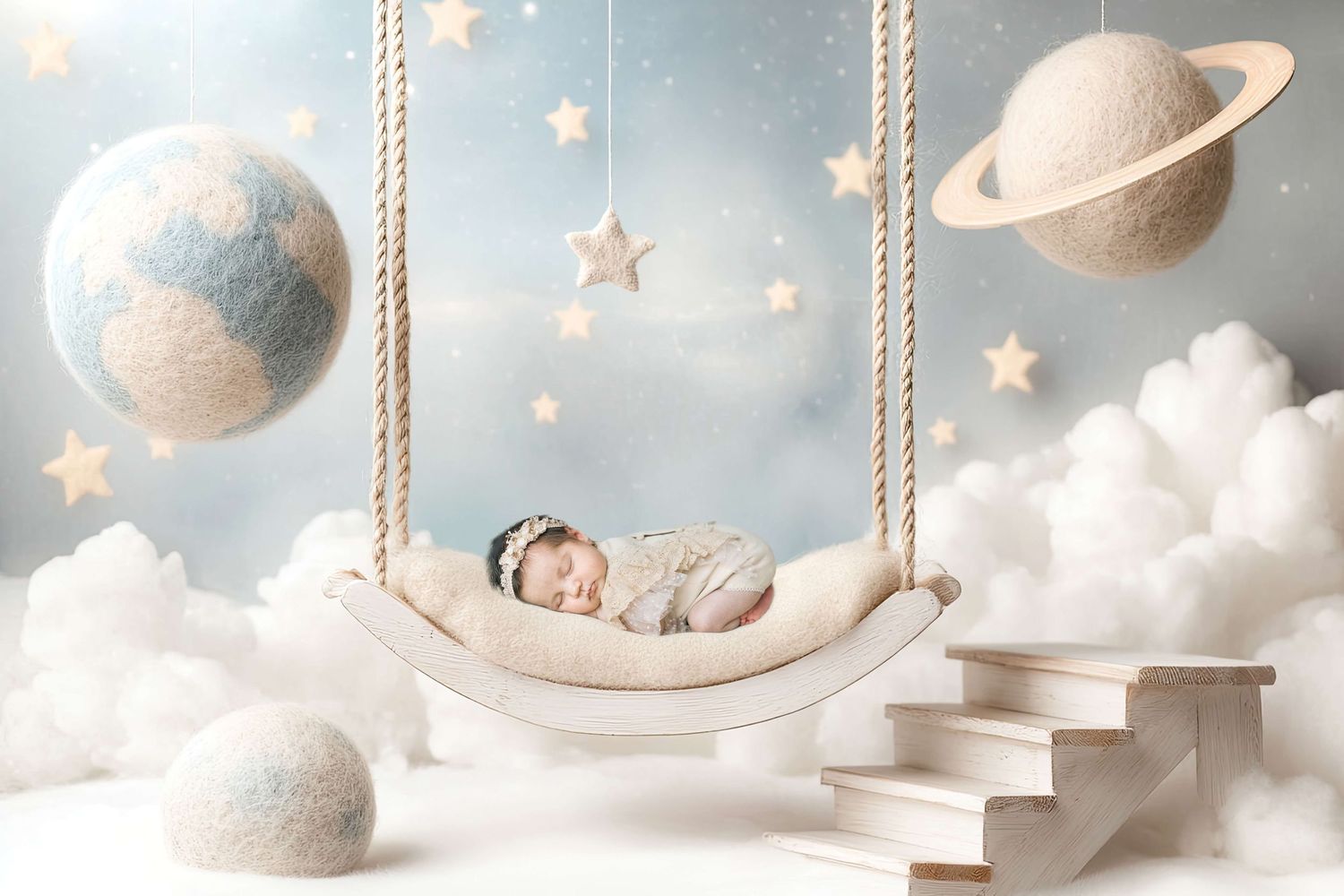Newborn baby sleeping peacefully in a hammock swing surrounded by pastel planets, stars, and clouds in a dreamy nursery setting.