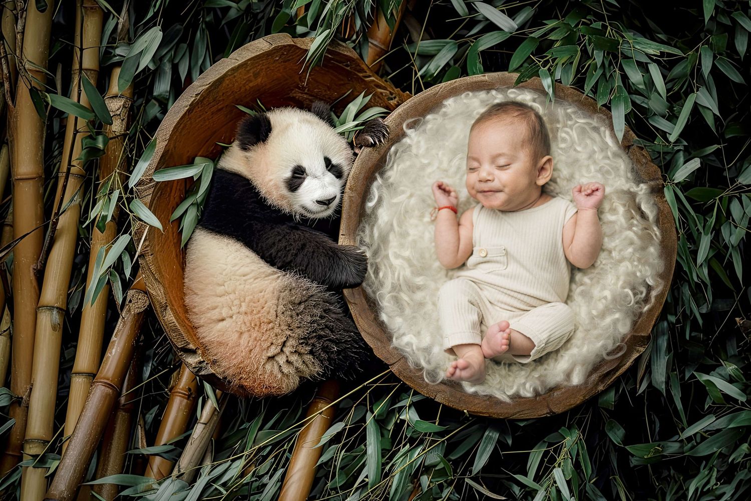 A sleeping newborn baby in a wooden bowl beside a giant panda cub among bamboo leaves.