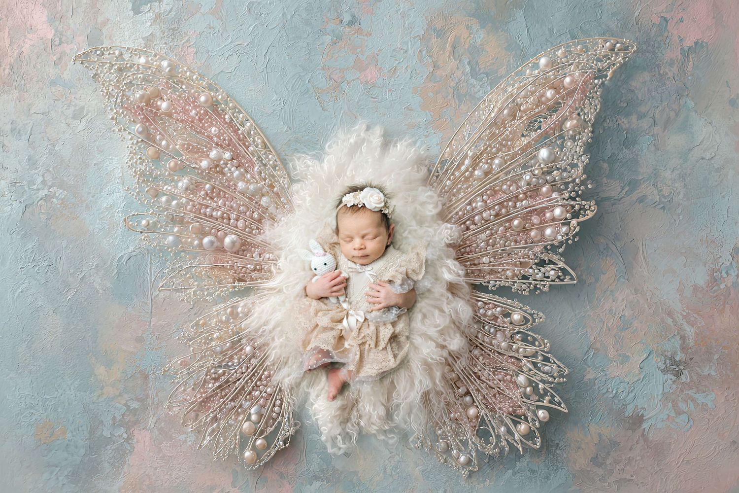 Newborn baby sleeping on feathery butterfly wings prop with pearls and lace in a dreamy pink and blue studio portrait.