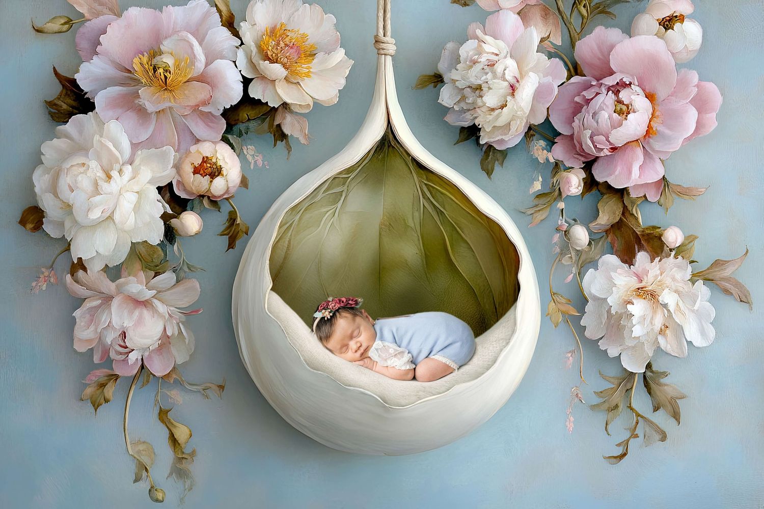 Newborn baby sleeping peacefully in a cream pod swing surrounded by soft pink and white floral decorations.