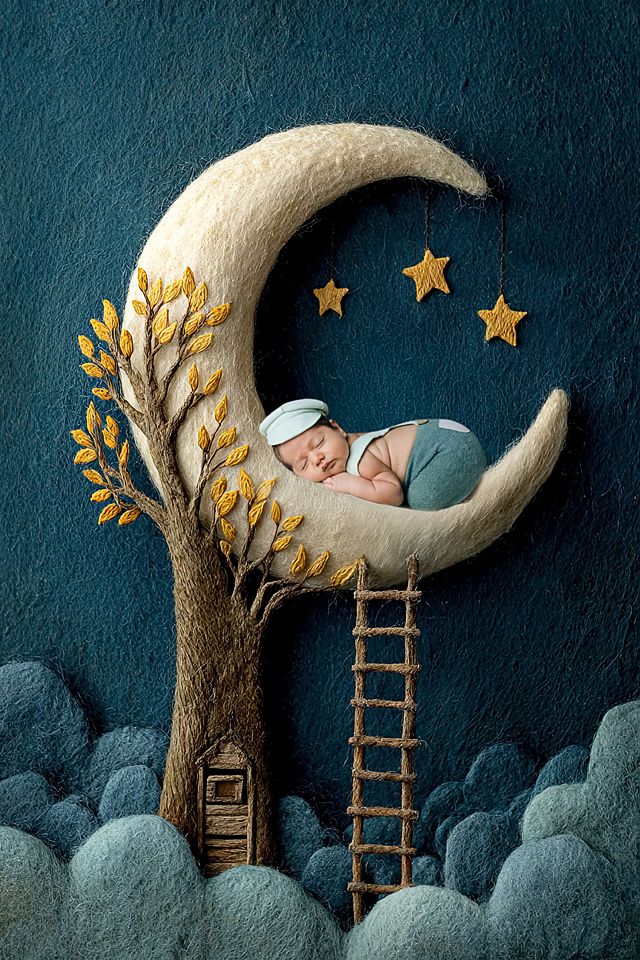 Newborn baby sleeping peacefully on a crescent moon with stars, tree, and ladder in a dreamy fantasy setting.