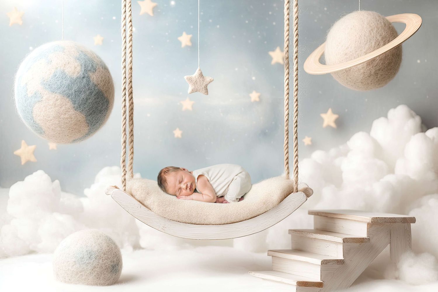 Newborn baby sleeping peacefully in a hanging hammock surrounded by planets, stars, and clouds in a dreamy nursery setting.