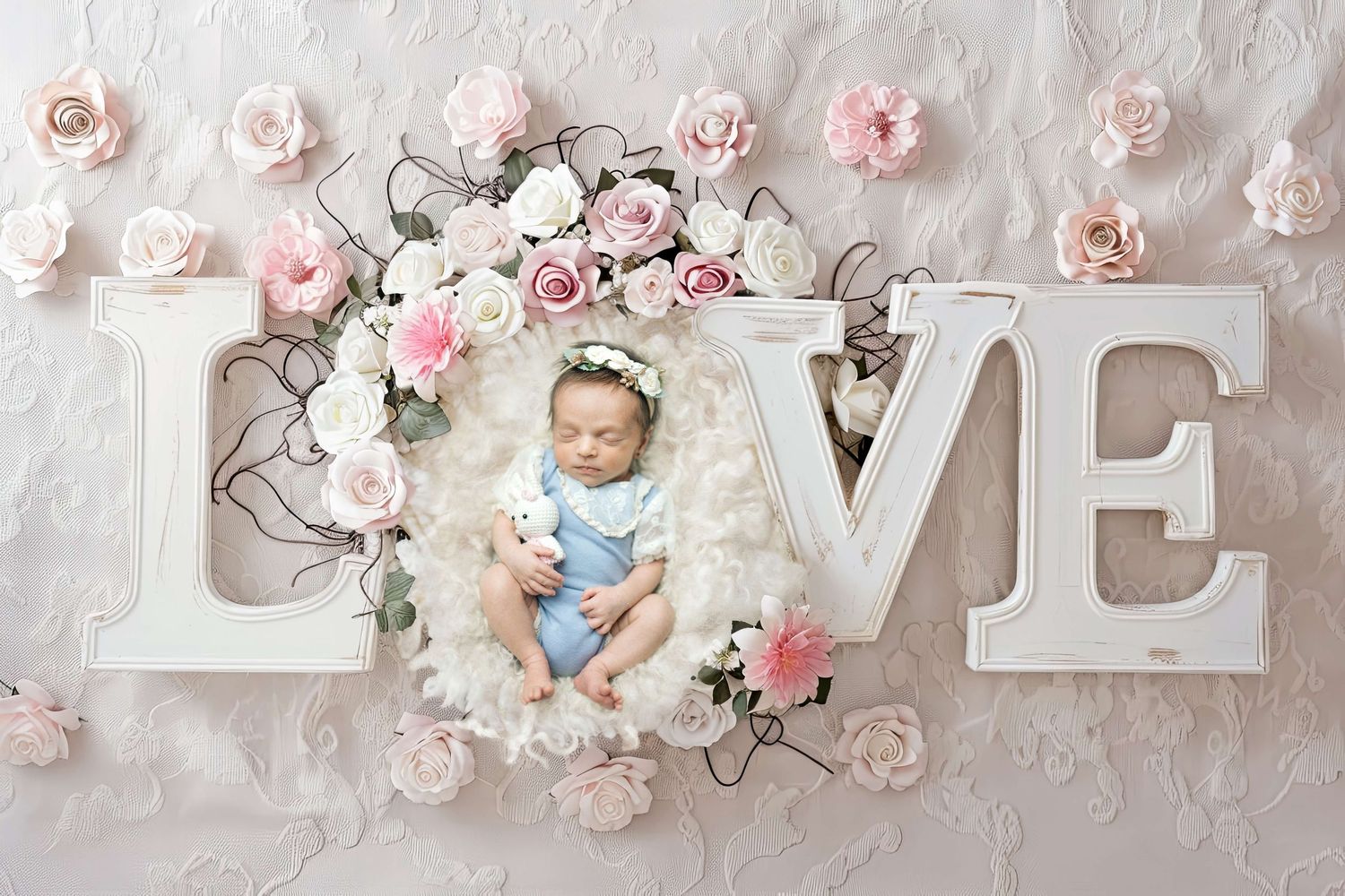 Newborn baby sleeping in LOVE letter display surrounded by pink and white roses.