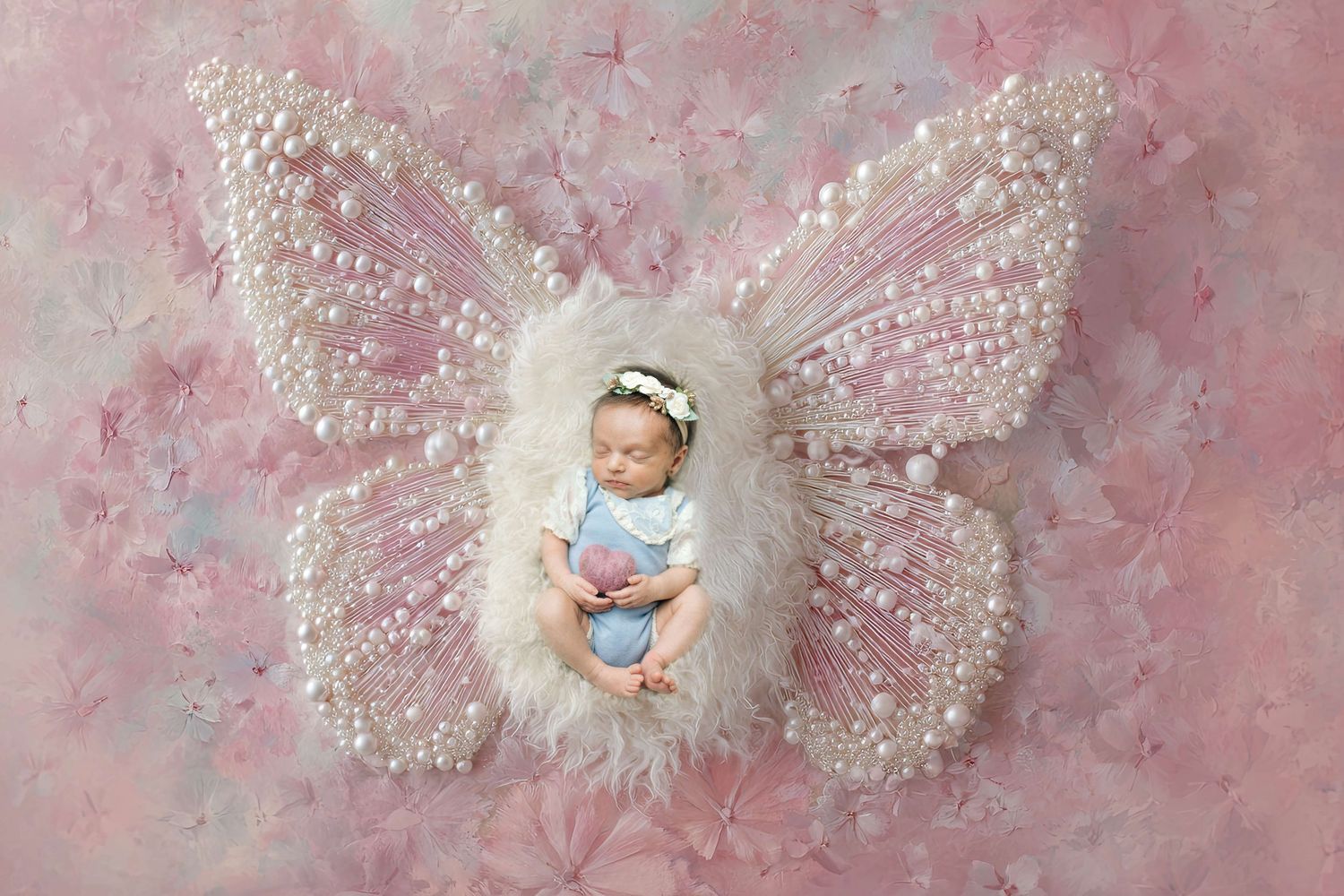 Sleeping newborn baby girl nestled in fluffy white fur inside pearl-embellished butterfly wings on pink floral background.