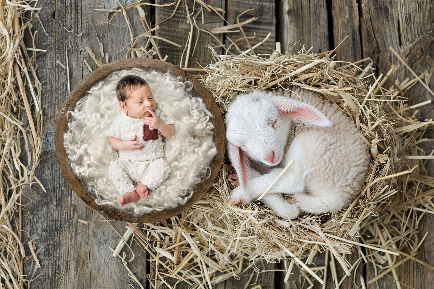 Newborn baby sleeping in wooden bowl beside a white lamb resting in hay on rustic wood background.