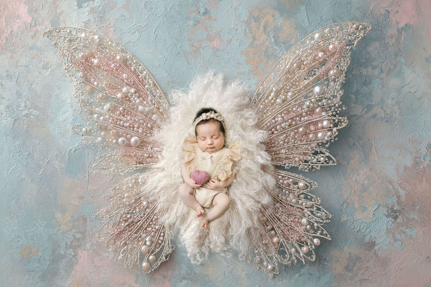 Newborn baby posed as a fairy angel on white feathers with ornate butterfly wings in a dreamy pink and blue setting.