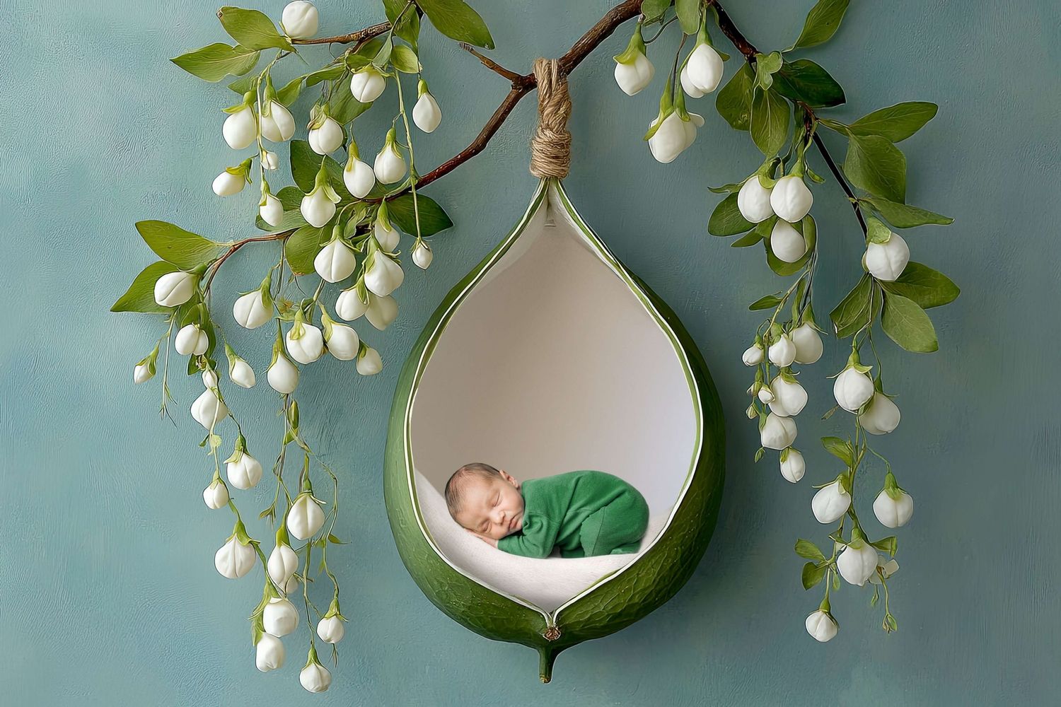 Newborn baby sleeping in a green leaf-shaped hanging pod surrounded by white flower buds on a teal background.