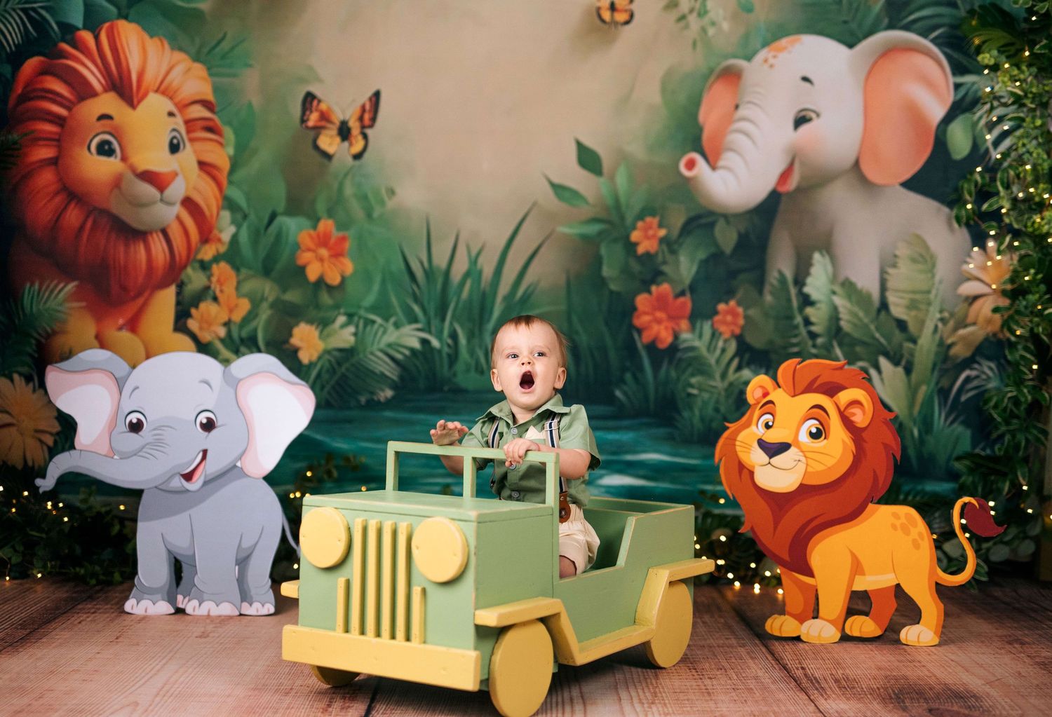 Baby in safari jeep surrounded by cartoon jungle animals including lions and elephants on a tropical backdrop.