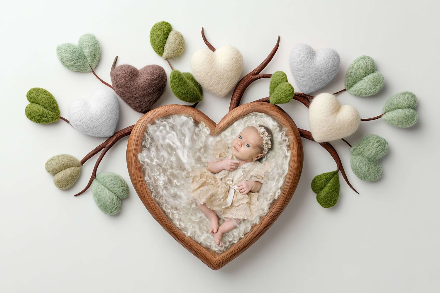 Newborn baby sleeping in heart-shaped wooden bowl with felt hearts and green leaves on white background.