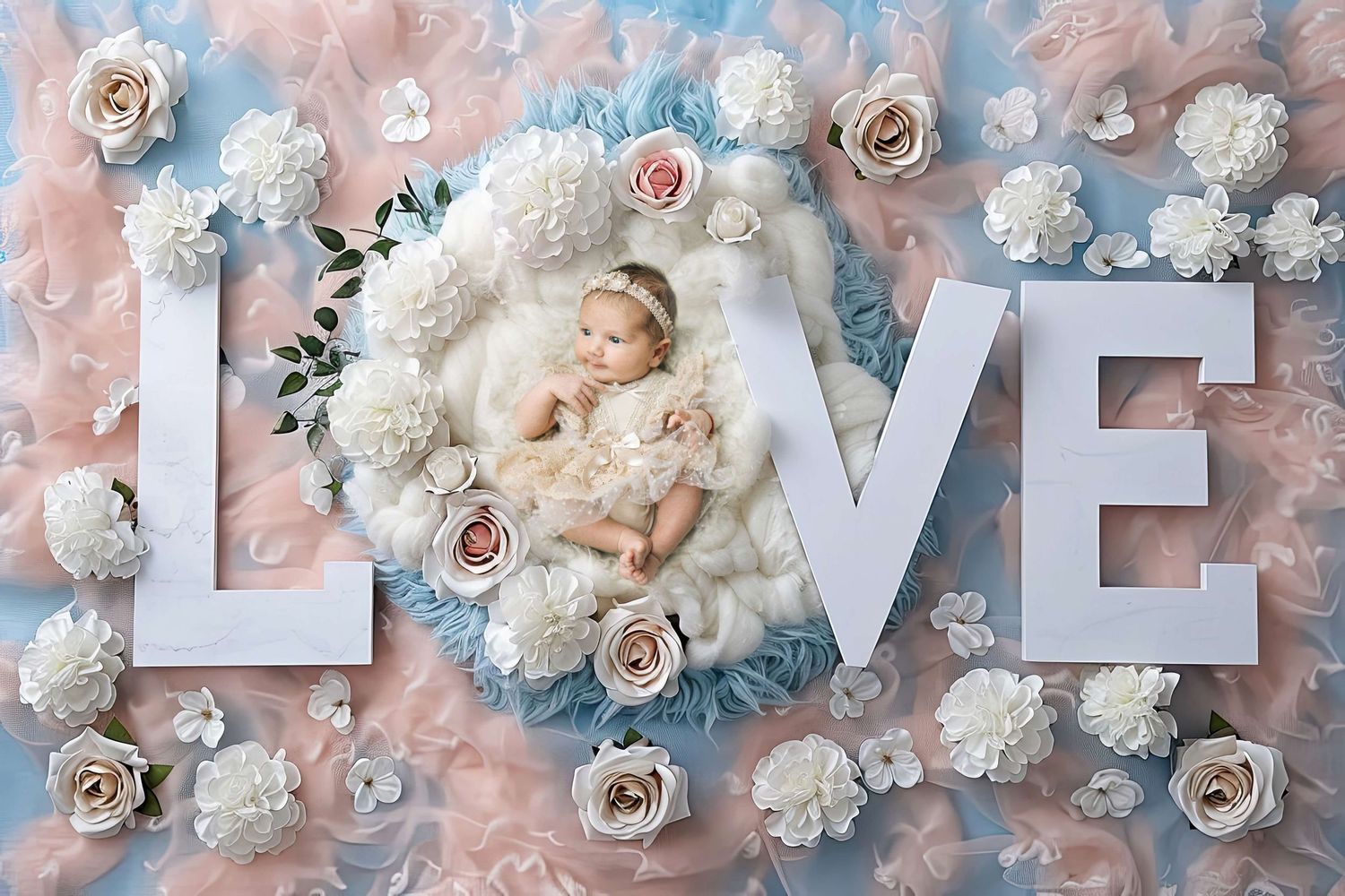 Newborn baby sleeping in floral LOVE letter arrangement with white and pink roses on blue and pink tulle backdrop.