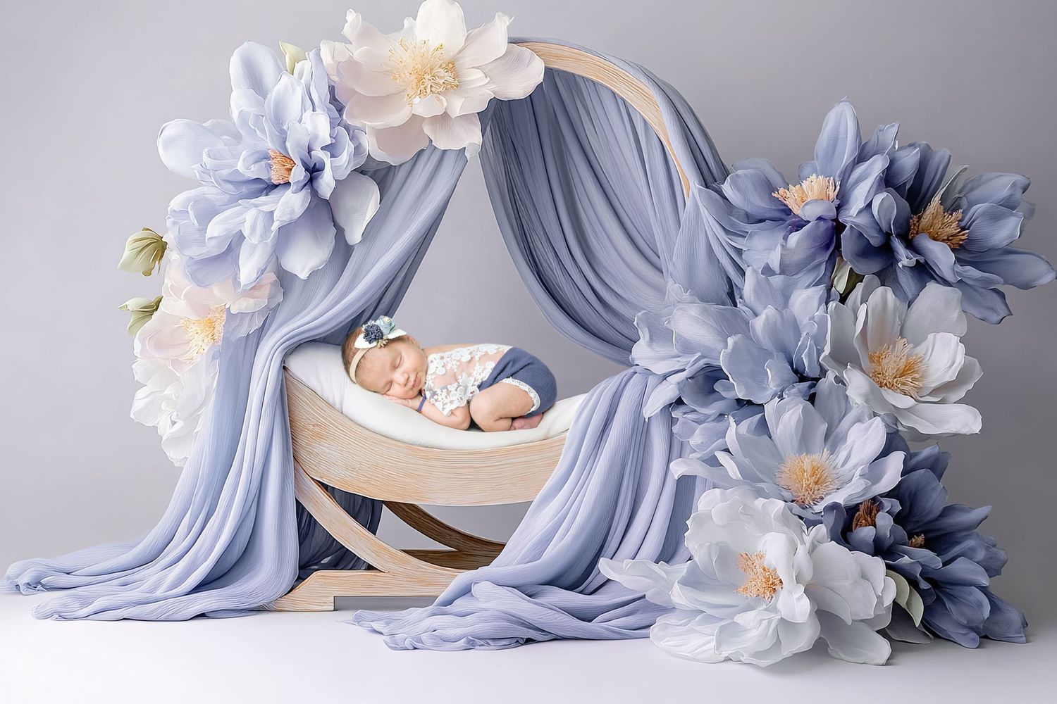 Newborn baby sleeping in wooden cradle decorated with blue draping fabric and large white and blue flowers.