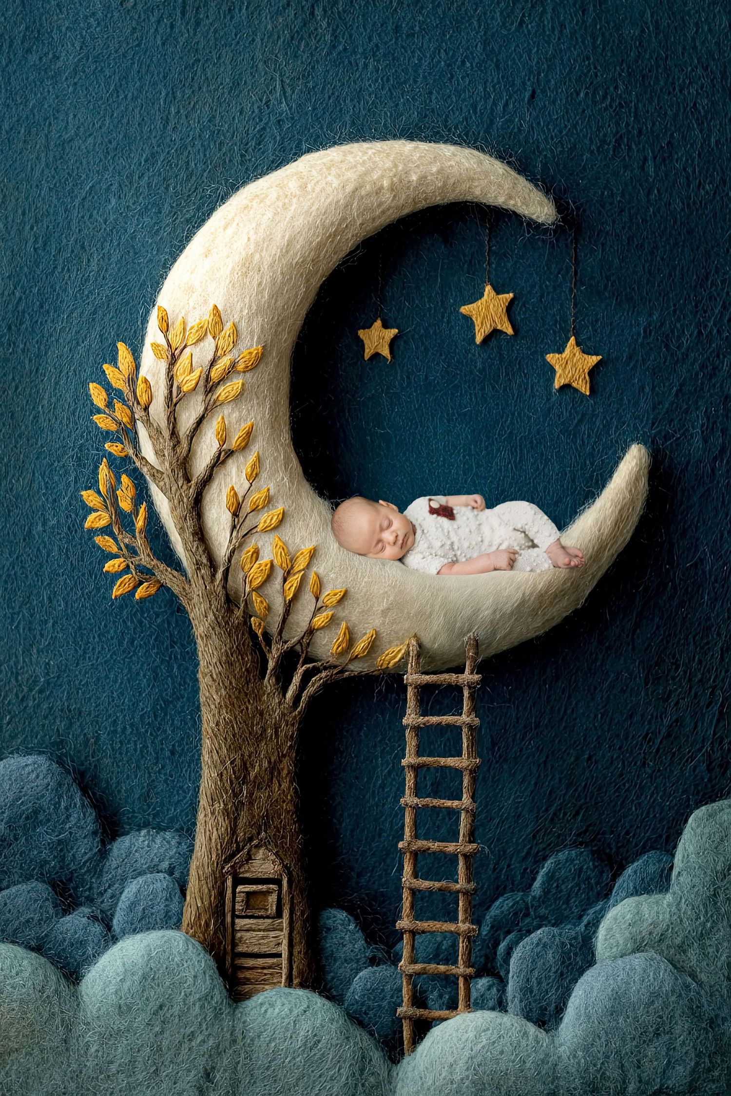 A sleeping newborn baby rests on a crescent moon with stars, beside a felt tree with a ladder below.