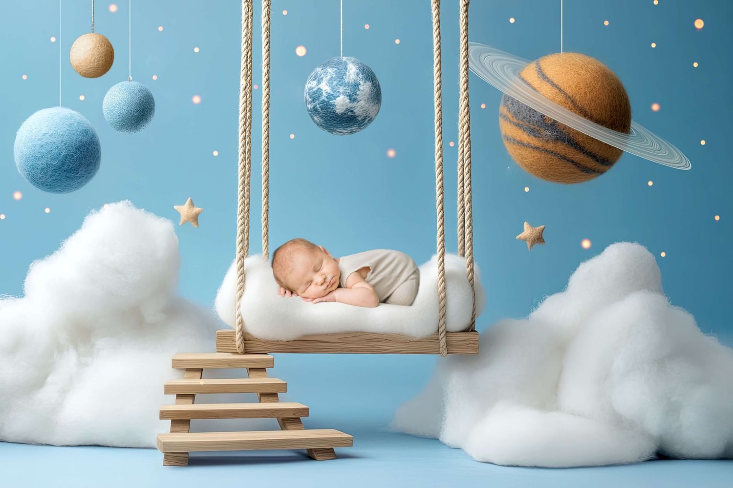 Newborn baby sleeping peacefully on a white swing surrounded by clouds and hanging planet decorations on blue background.