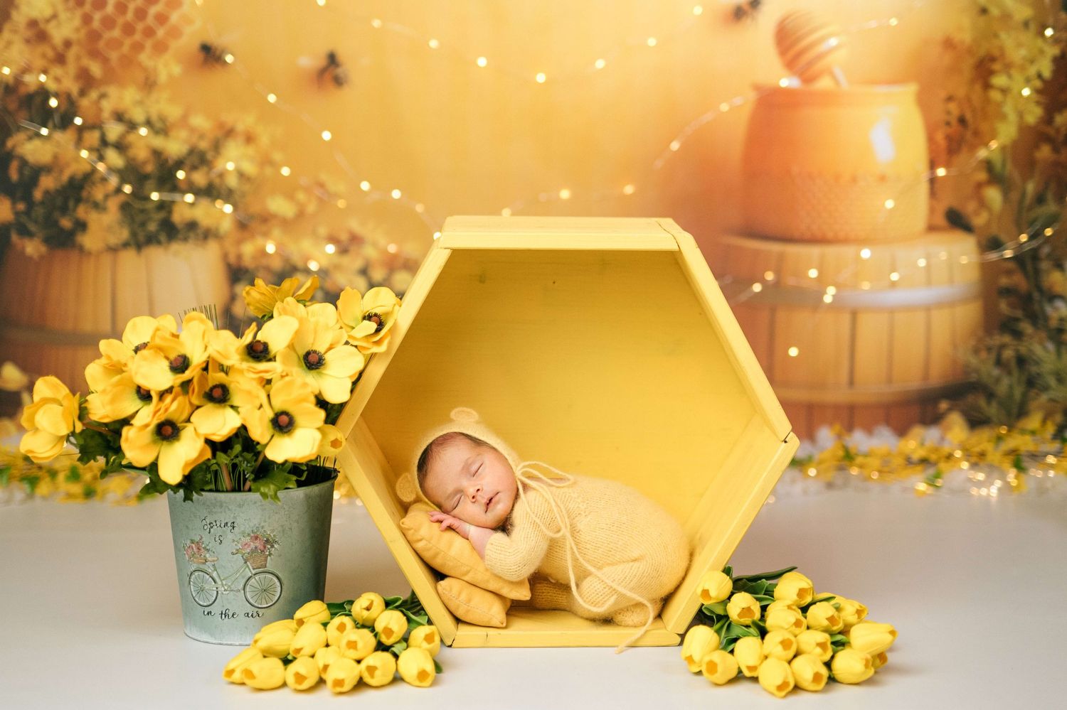 Newborn baby sleeping in yellow hexagon prop surrounded by yellow flowers in a honey bee themed photography setup.