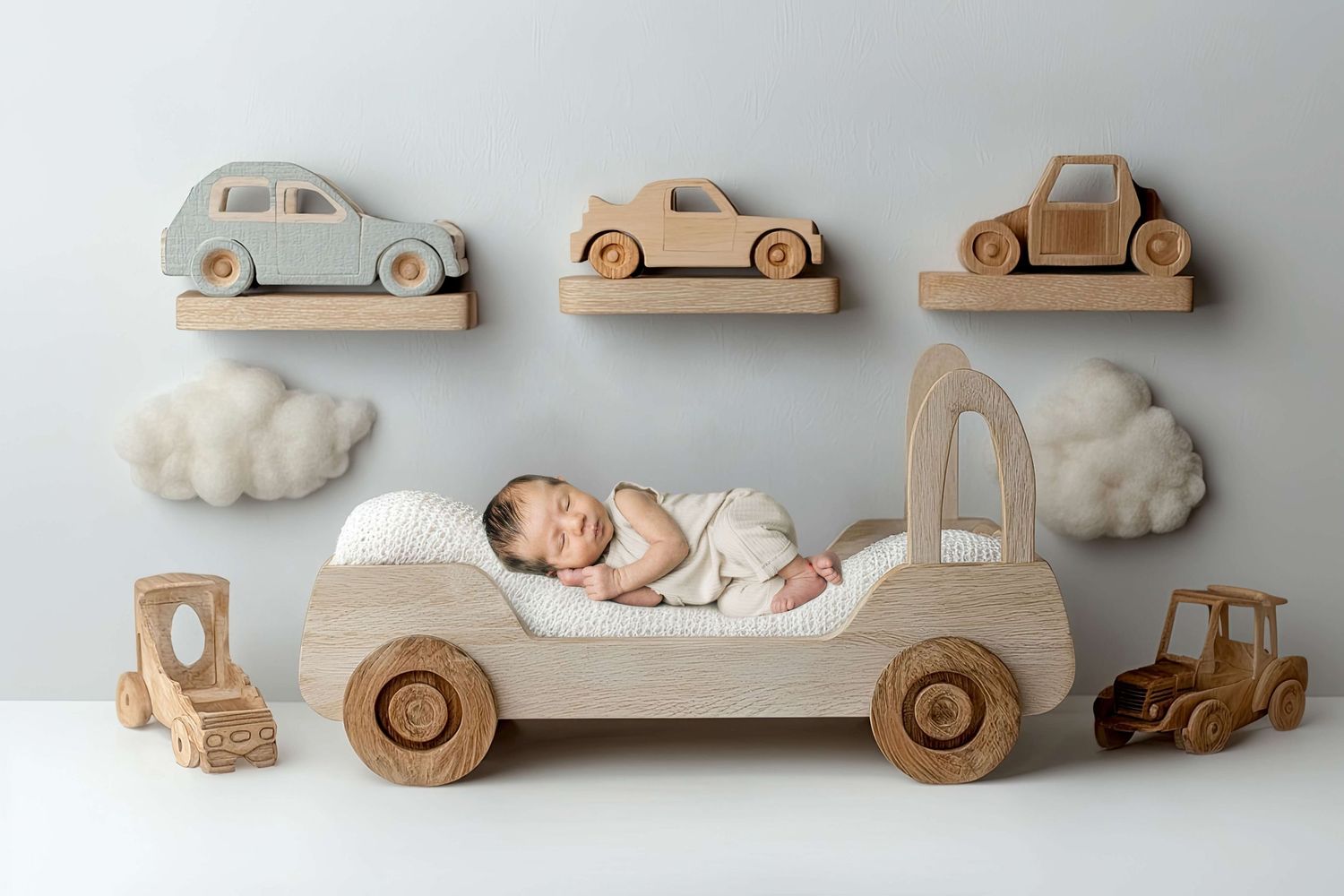 Newborn baby sleeping peacefully in a wooden toy car bed surrounded by toy cars and cloud decor.