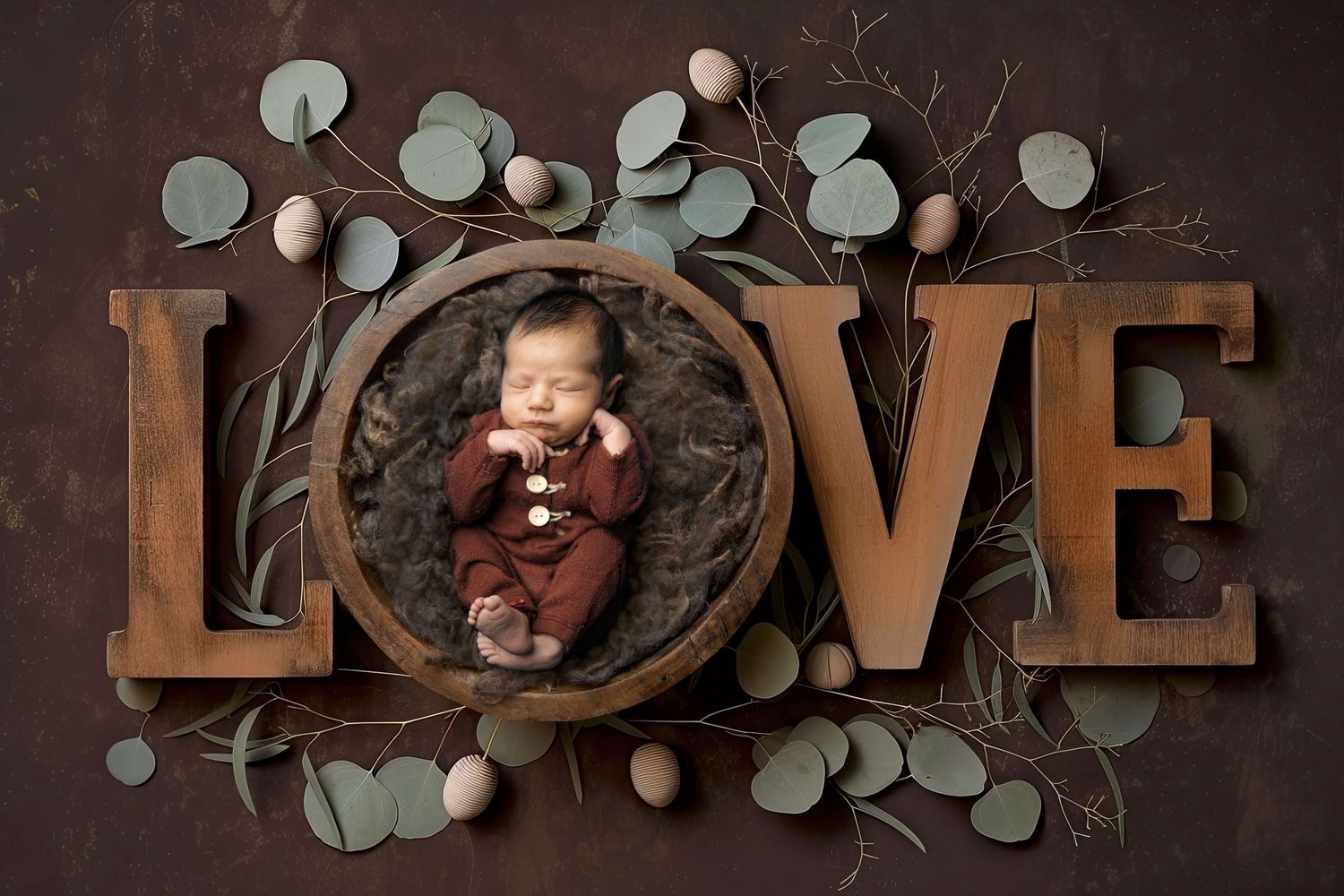 Newborn baby sleeping in wooden bowl surrounded by LOVE letters, eucalyptus branches, and eggs on brown background.