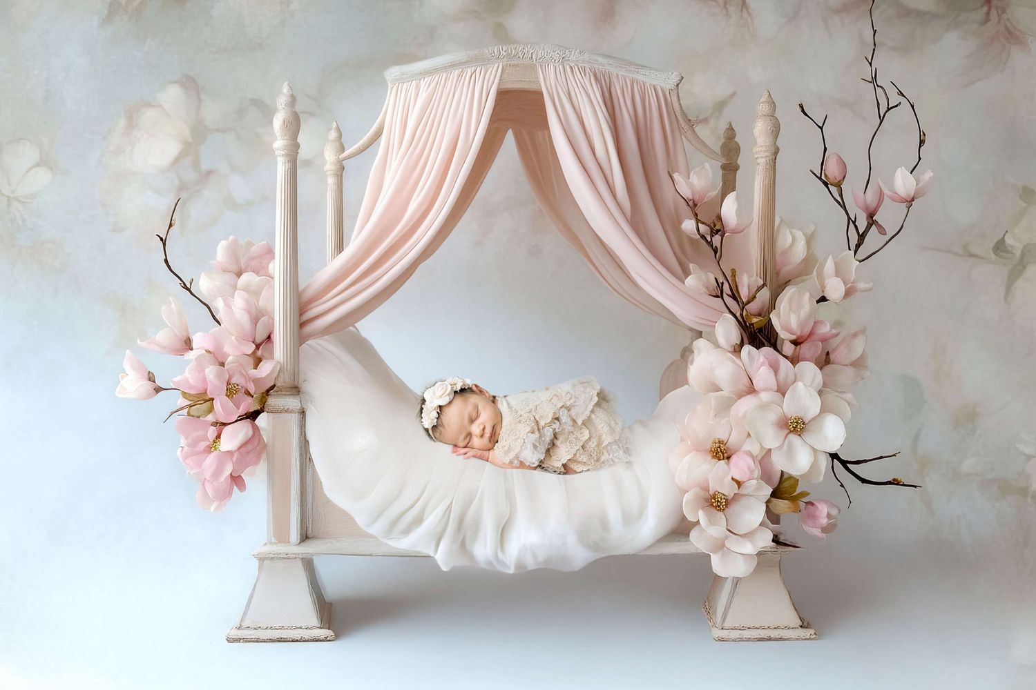 Newborn baby sleeping on a white canopy bed adorned with pink drapes and blossoming magnolia flowers.