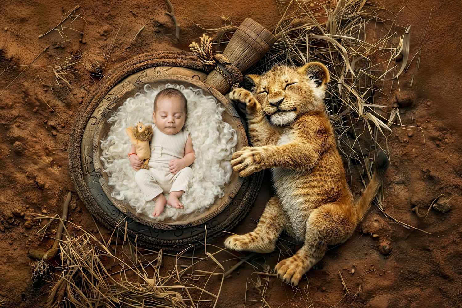 A newborn baby sleeps in a rustic nest beside a playful lion cub on sandy ground.