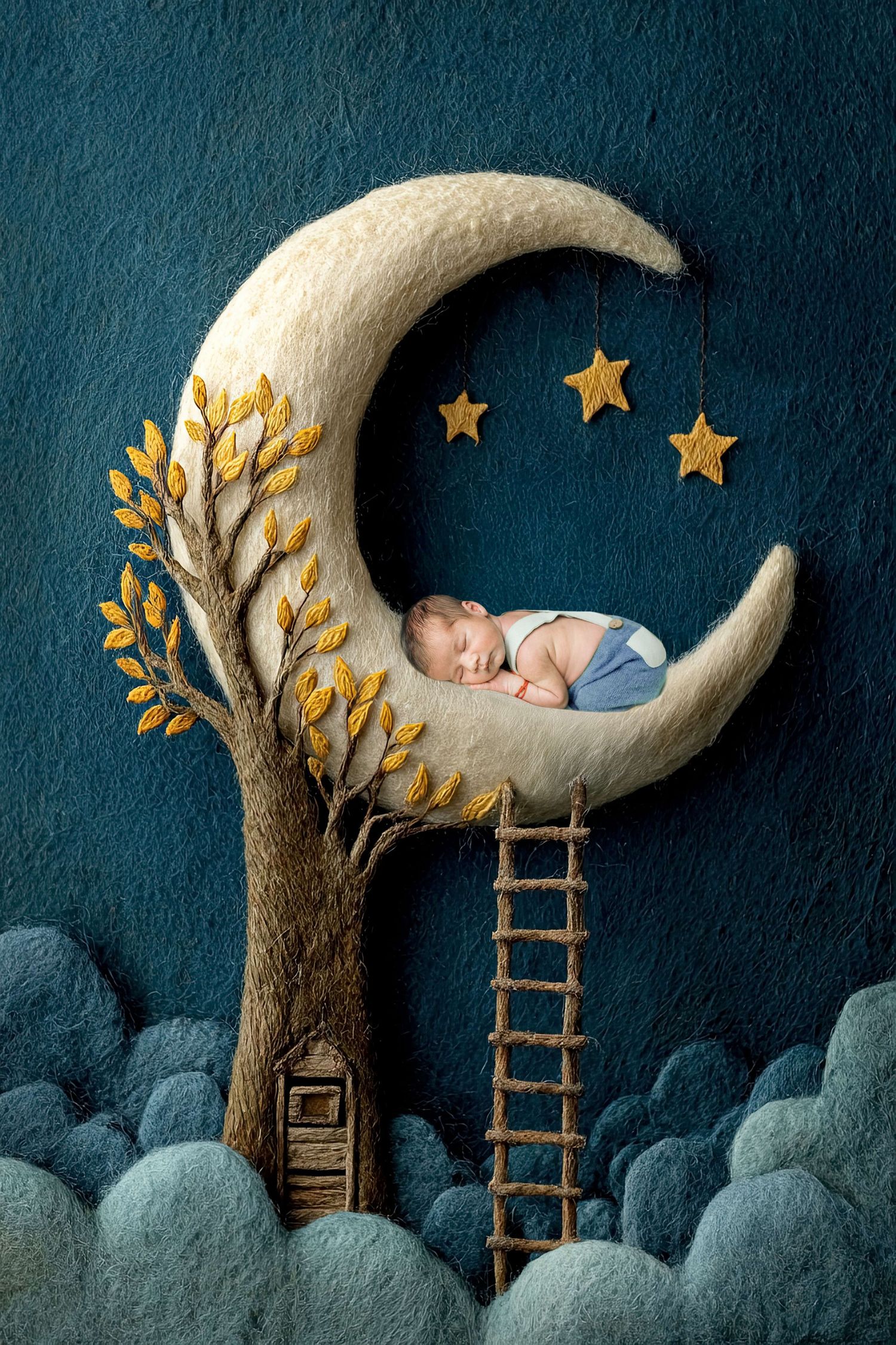 Newborn baby sleeping on a crescent moon with stars, a tree, and a ladder in a dreamy fantasy scene.