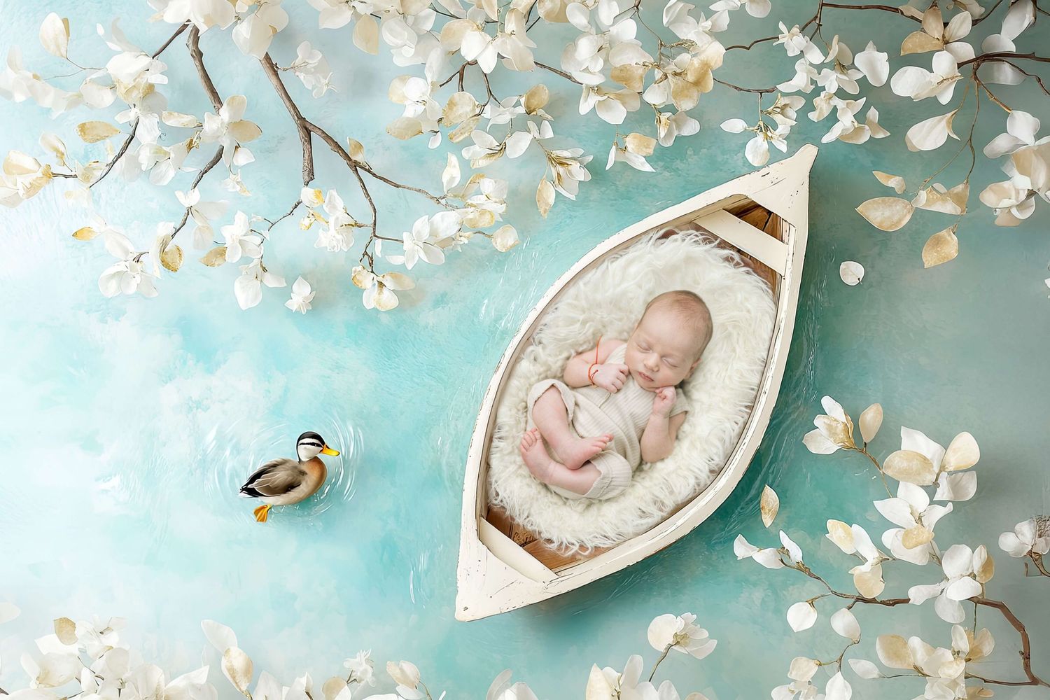 Newborn baby sleeping in a white wooden boat surrounded by white blossoms and a duck on a teal background.