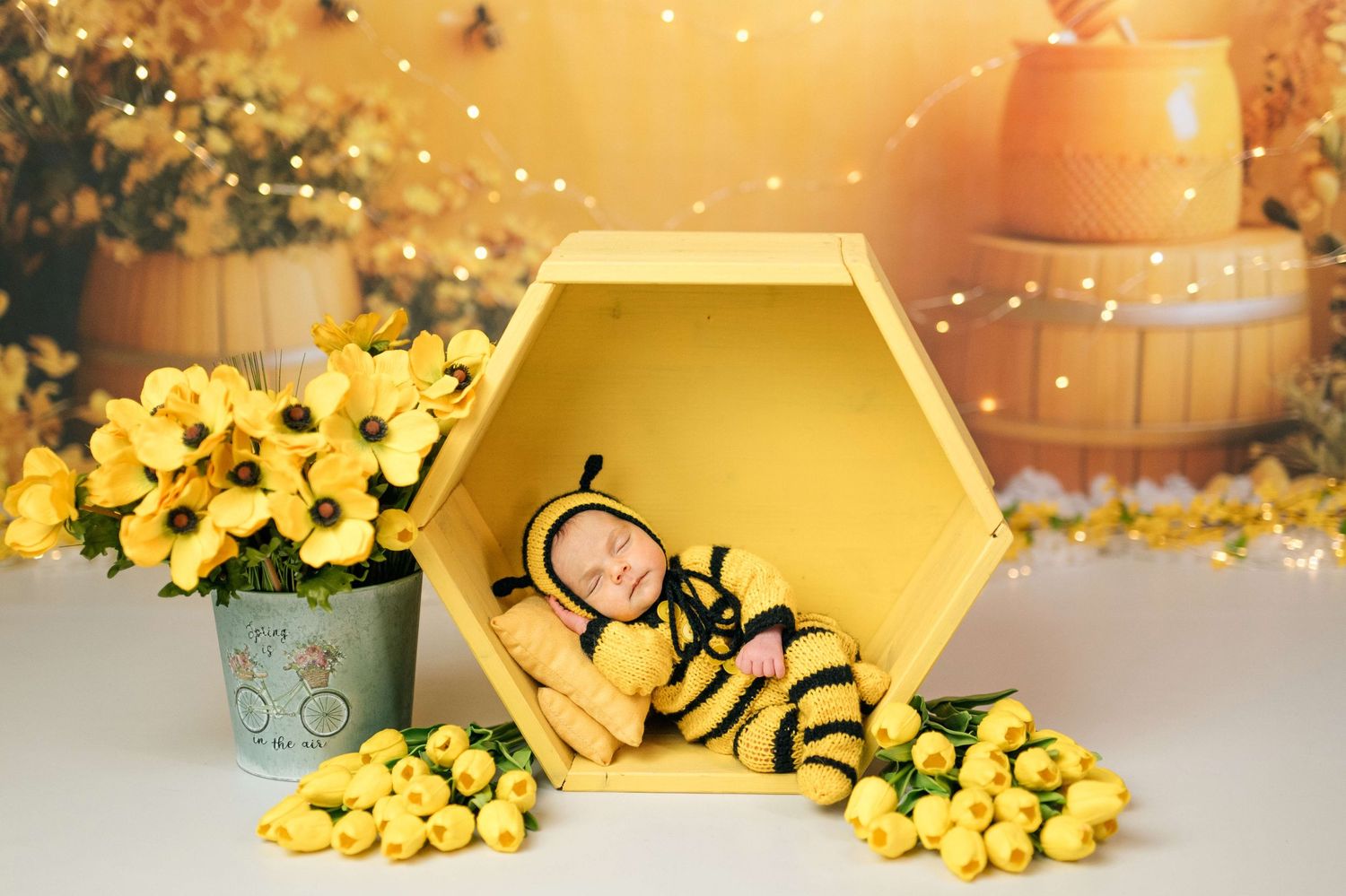 Newborn baby sleeping in yellow hexagon shelf wearing bee costume surrounded by yellow flowers and honeycomb decor.