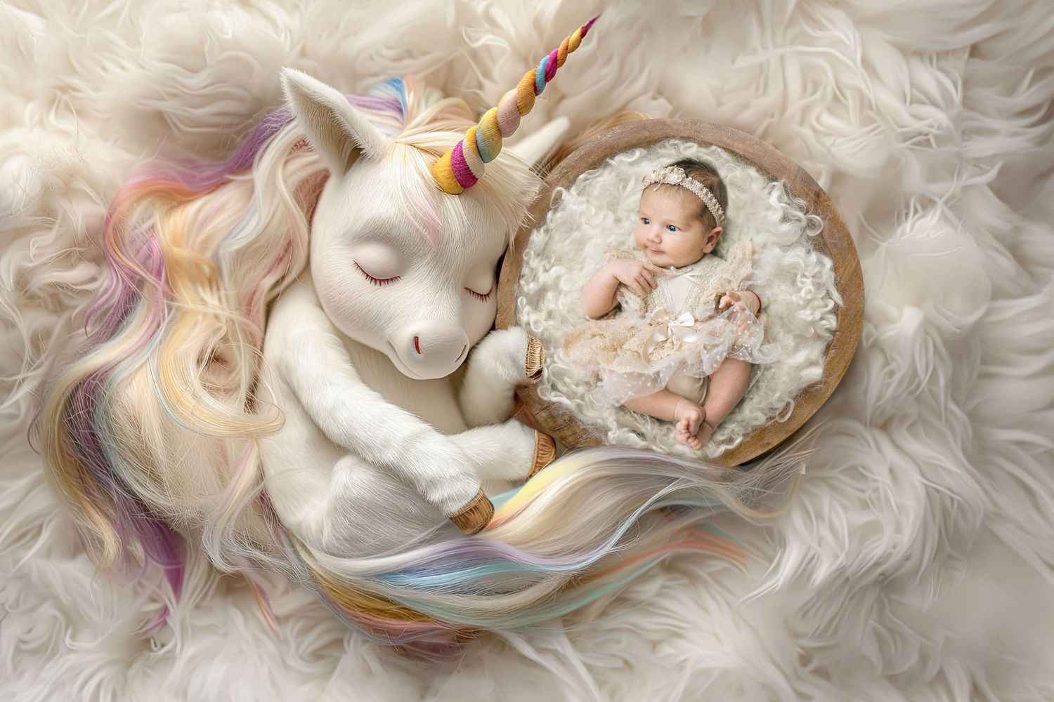 Newborn baby sleeping in wooden bowl beside white unicorn plush toy on fluffy white fur background.