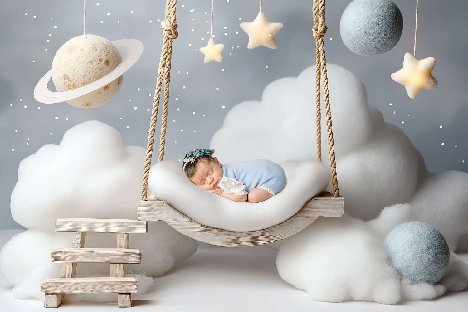 Newborn baby sleeping peacefully on a cloud swing surrounded by stars and planets in a dreamy nursery setting.