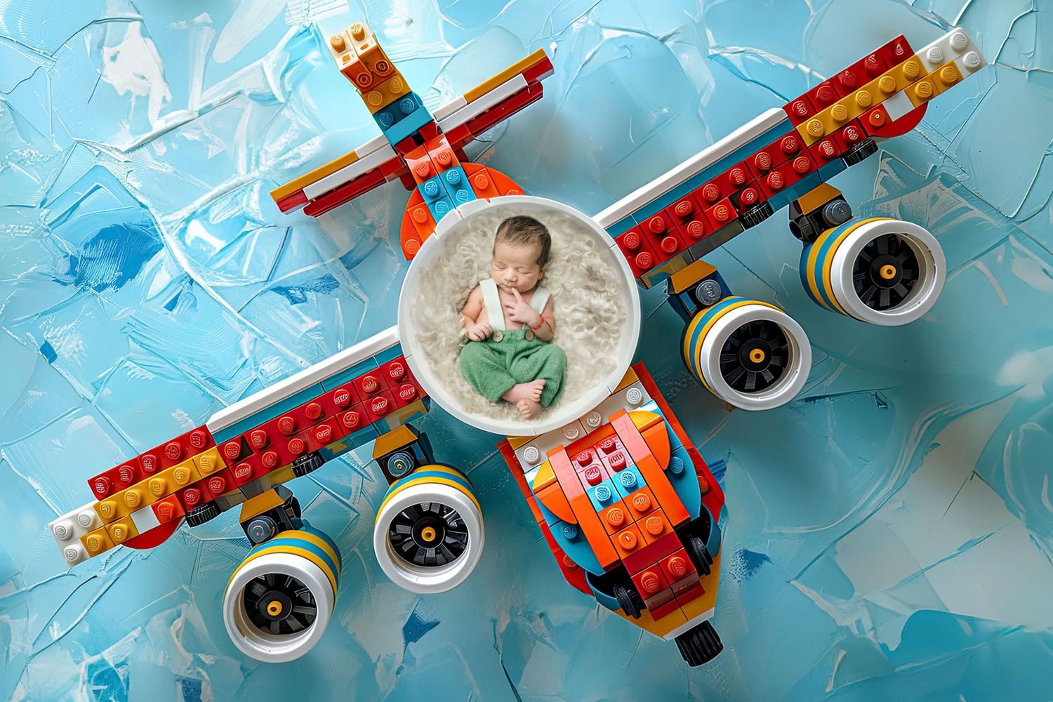 A baby sits inside a colorful LEGO airplane model on a light blue background.