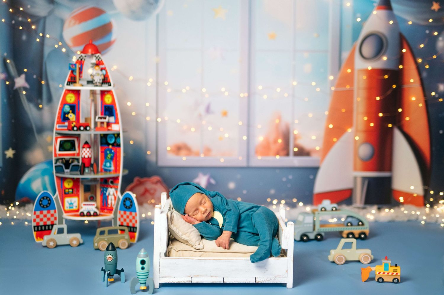 Newborn baby sleeping in white bed surrounded by rocket ship toys and space-themed nursery decor with twinkling lights.
